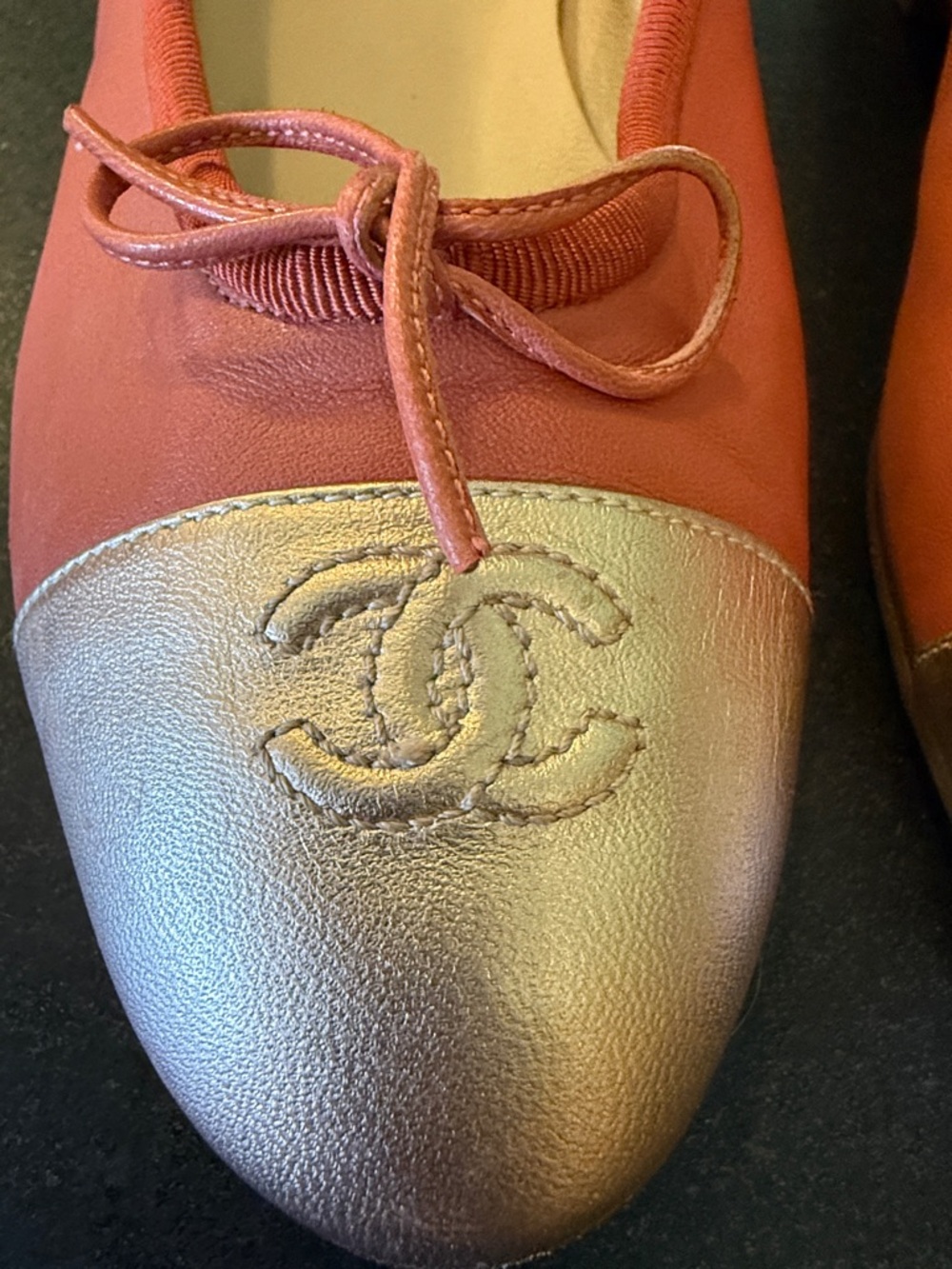CHANEL Coral and Silver Leather Cap-Toe Ballet Flats - Picture 16 of 17